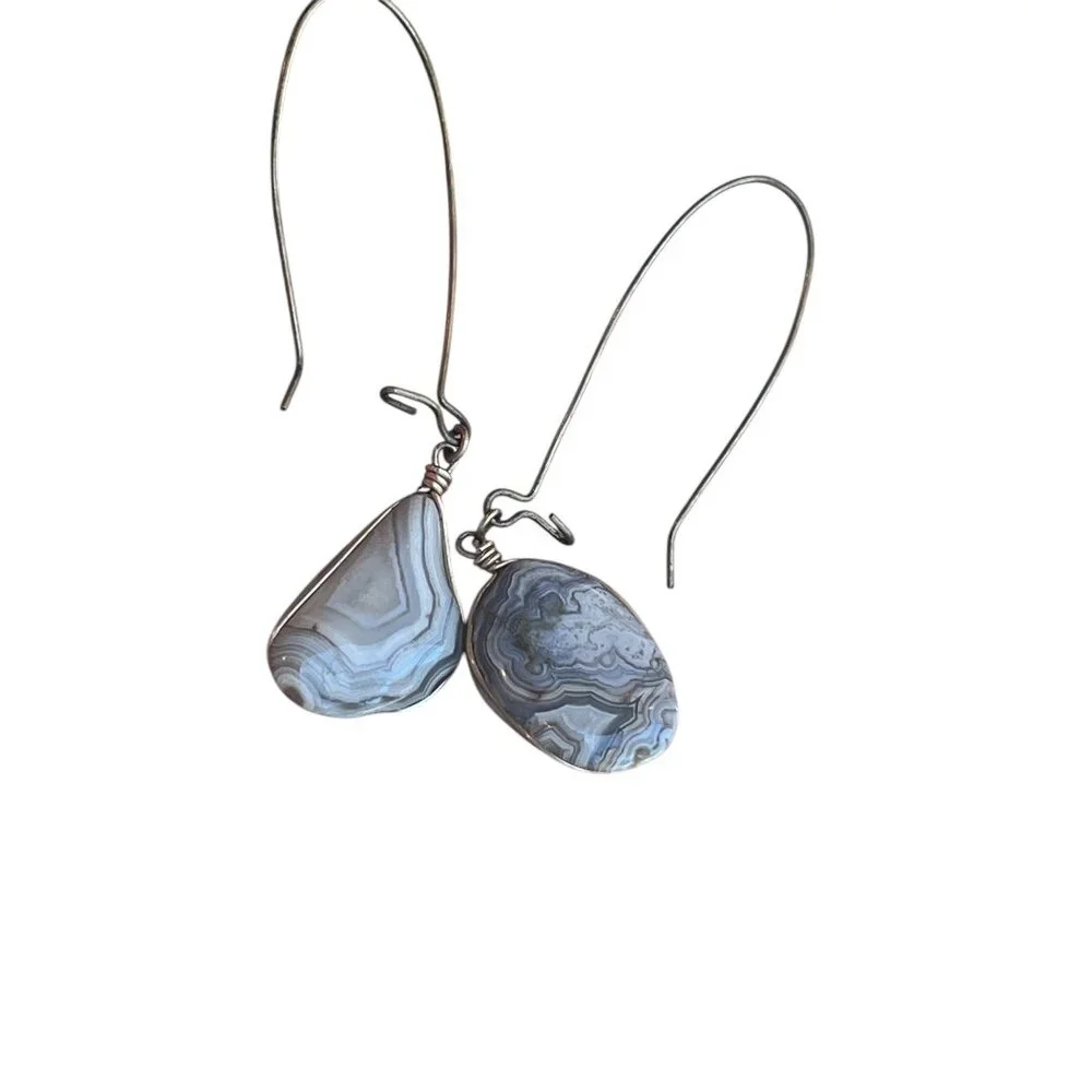 Wire-Wrapped Lace Agate Dangle Earrings For Pierced Ears - Picture 3 of 7
